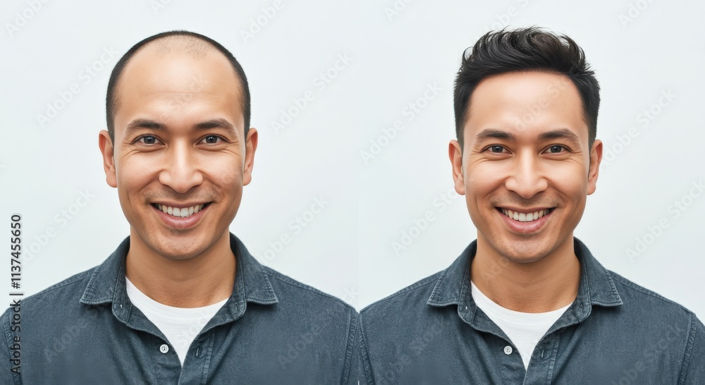 Asian male transformation with hairstyle change demonstrating diverse appearance Asian male transformation with hairstyle change demonstrating diverse appearance