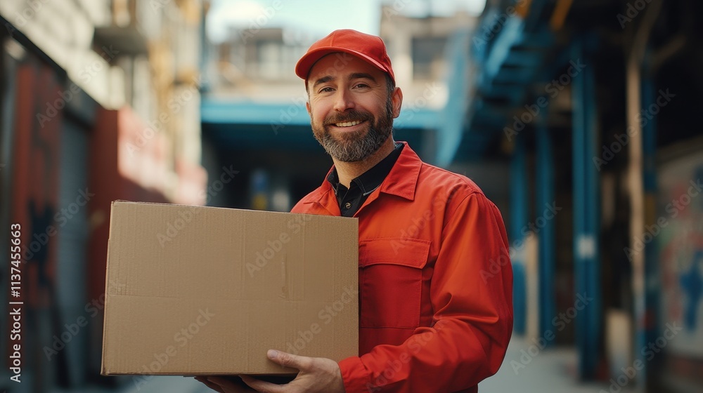 Smiling delivery man in red uniform holds a cardboard box. Perfect for logistics, shipping, or delivery service websites. Smiling delivery man in red uniform holds a cardboard box. Perfect for logistics, shipping, or delivery service websites.