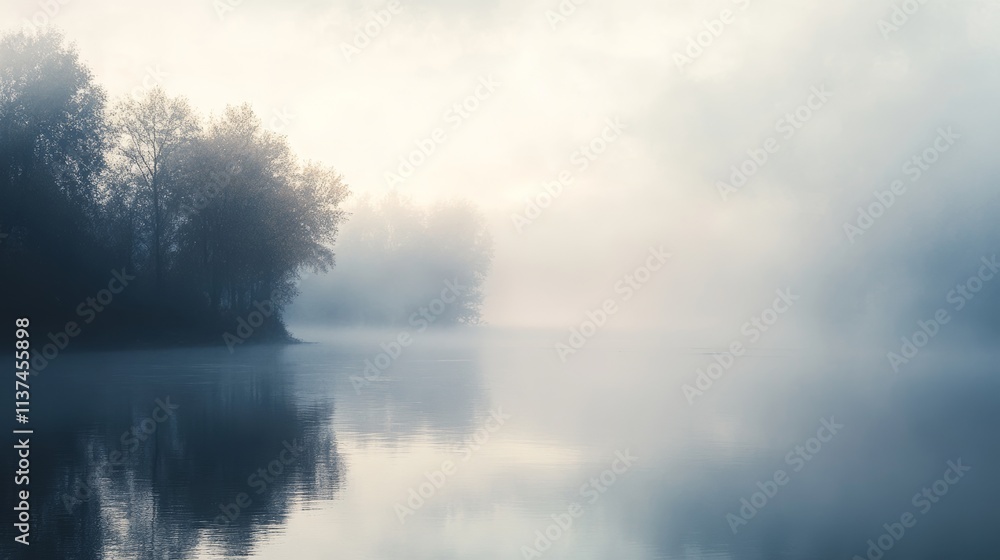 Serene Foggy Morning by a River with Soft Light Reflection Generative AI Serene Foggy Morning by a River with Soft Light Reflection Generative AI