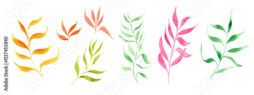 Abstract simple watercolor leaves illustration set. Green, orange, pink decorative foliage. Colorful floral element clip art for kitchen textile, package decor, graphic design, kid greeting cards