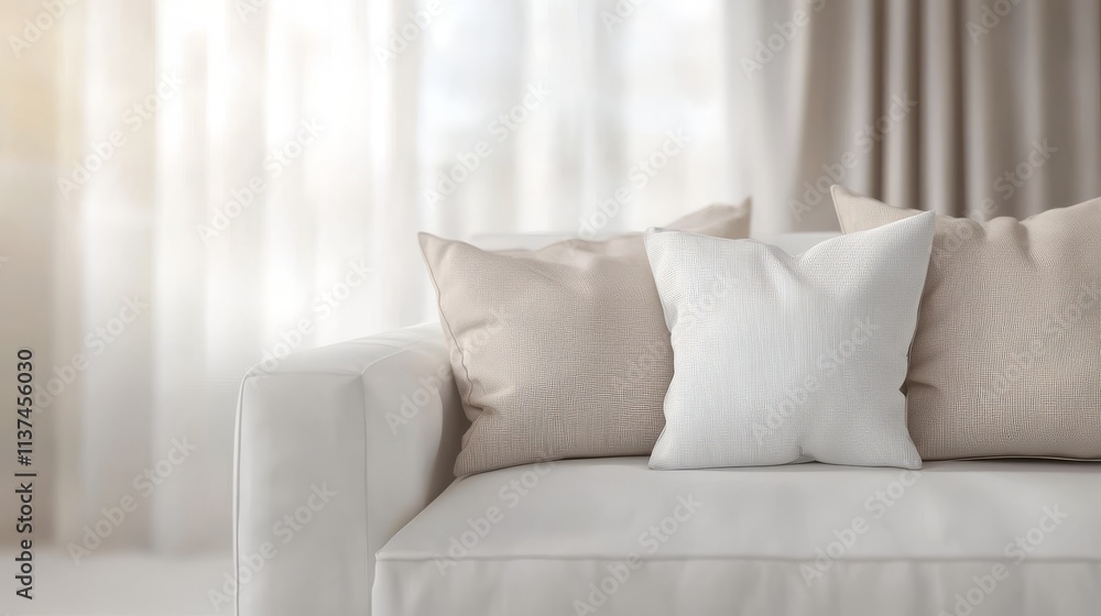 Fototapeta premium Pillows resting on sofa, bright room, minimalist background.