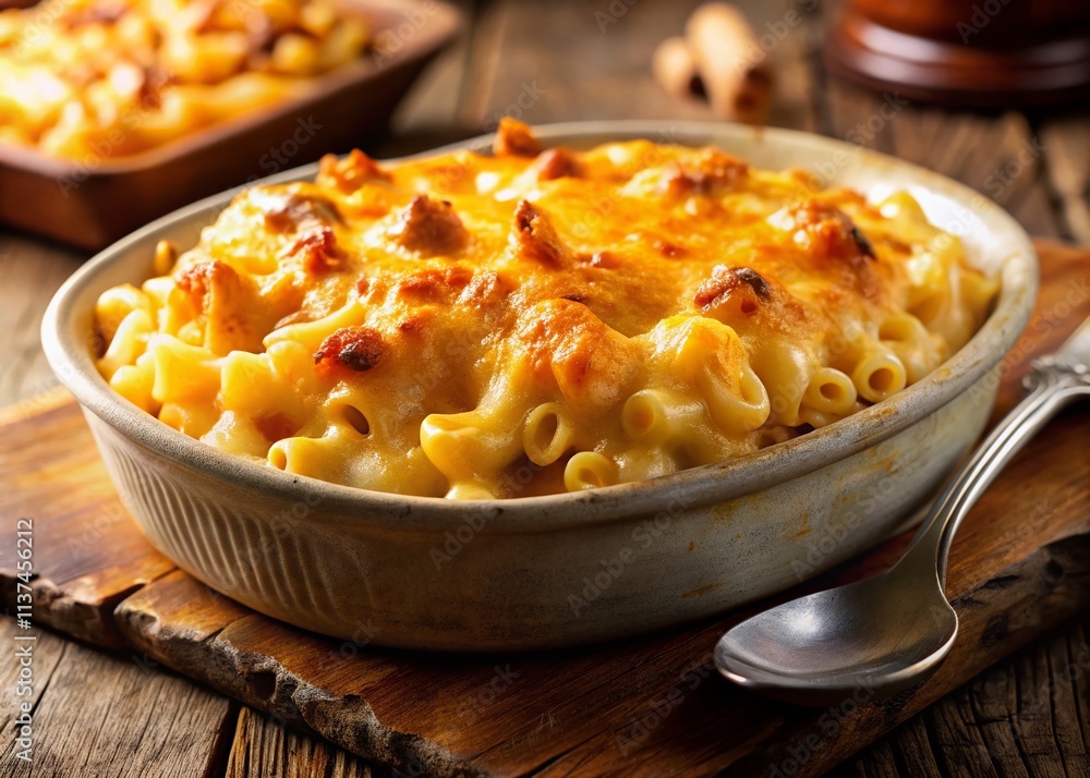Creamy Three-Cheese Mac & Cheese with Crispy Golden Brown Topping - Long Exposure Photography Creamy Three-Cheese Mac & Cheese with Crispy Golden Brown Topping - Long Exposure Photography