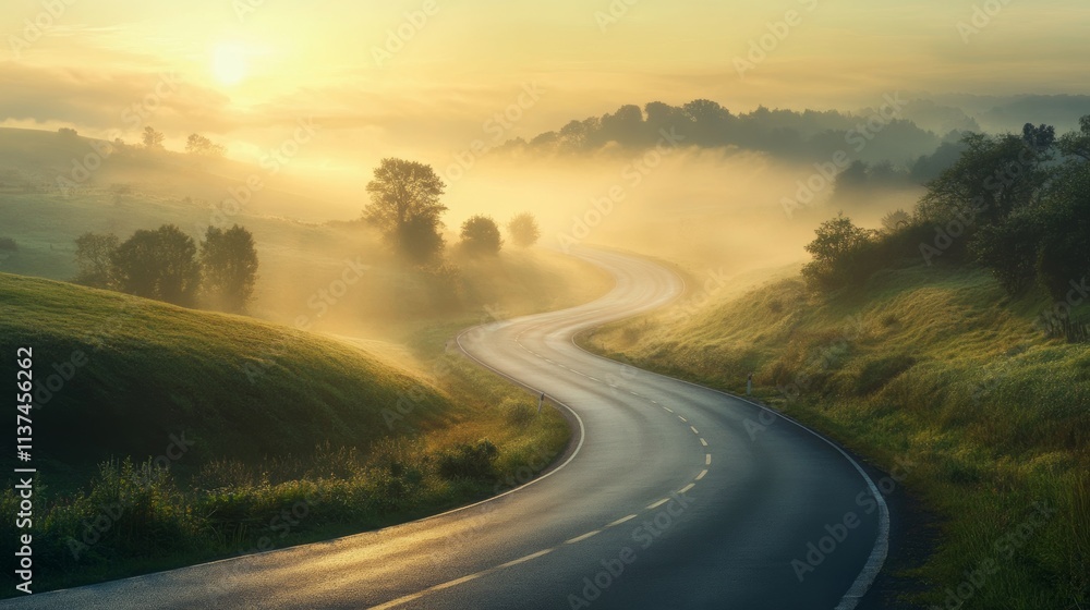 Fototapeta premium Serene misty landscape at dawn with winding road, perfect for travel or relaxation concepts Generative AI