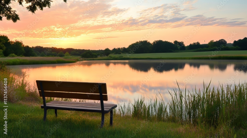 Serene Sunset Scene with Empty Bench by a Peaceful Pond, ideal for relaxation and nature escape concepts Generative AI Serene Sunset Scene with Empty Bench by a Peaceful Pond, ideal for relaxation and nature escape concepts Generative AI