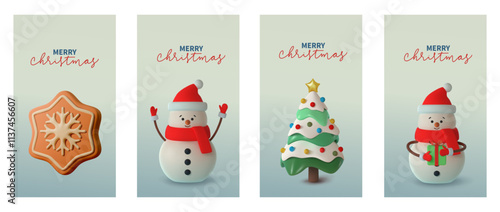 Set 3d modern vertical illustration featuring a snowflake shaped cookie, snowman, Christmas tree on a soft gradient background. With the text Merry Christmas in elegant typography. Vector illustration