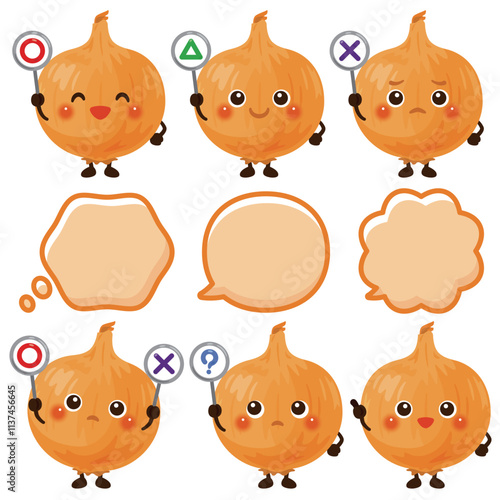 ○×△の札を持った玉ねぎのキャラクター