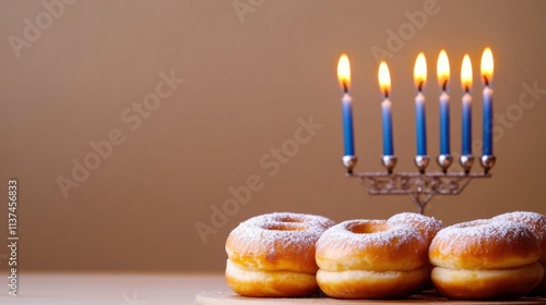 A traditional Hanukkah scene with a close-up of a menorah with eight candles lit and traditional sufganiyot against a warm beige background, macro shot, Minimalist style photo