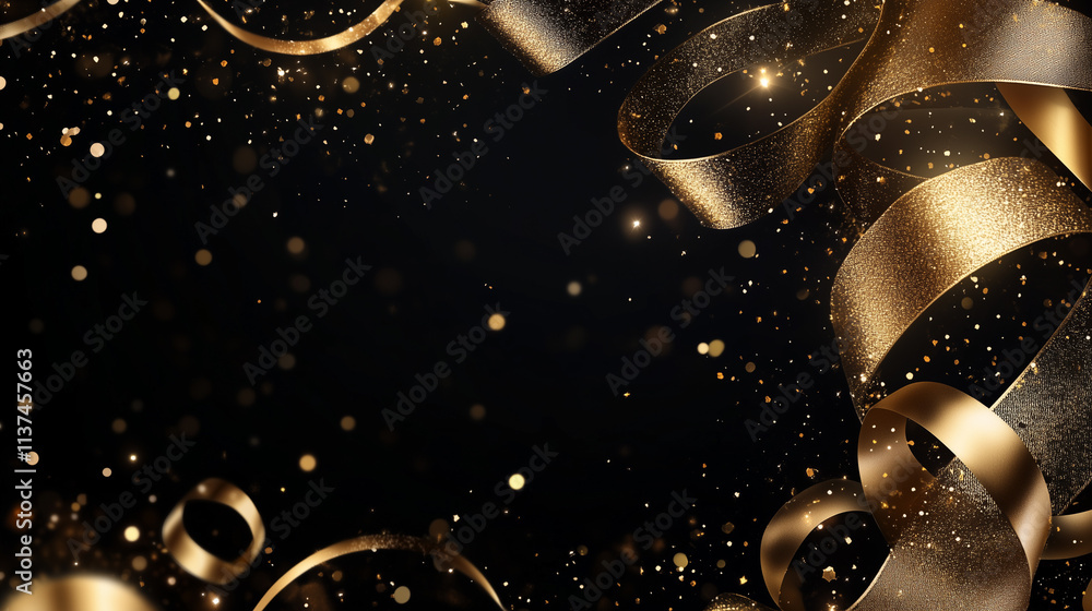 Fototapeta premium Luxury Dark Background with Black, Dark Navy, Gold Ribbon, and Bokeh – Elegant Backdrop for Special Occasions