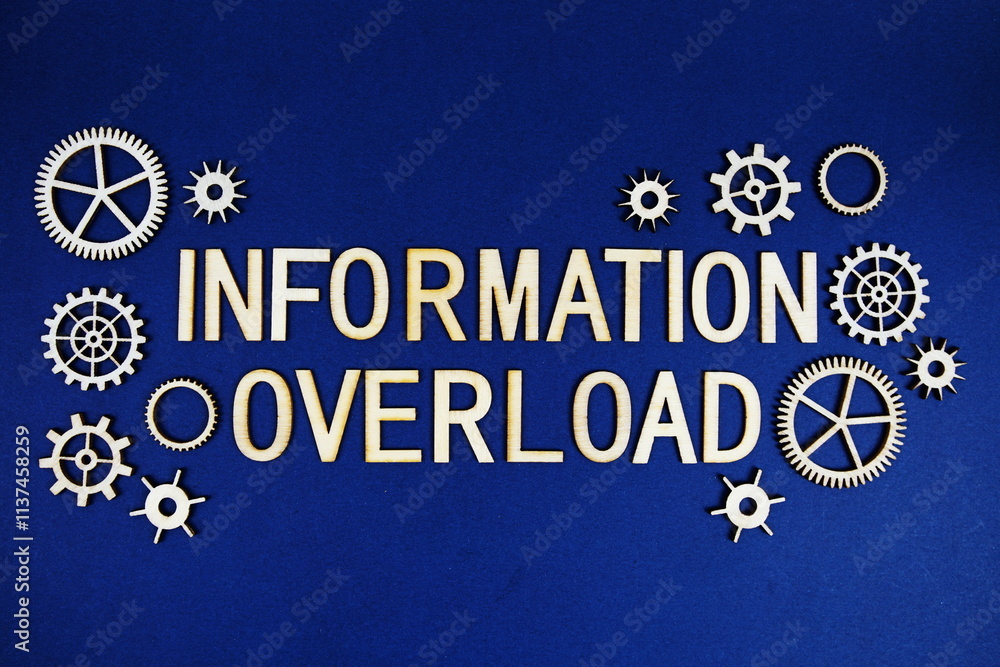 Naklejka premium Information Overload alphabet letters with gears element on navy blue background