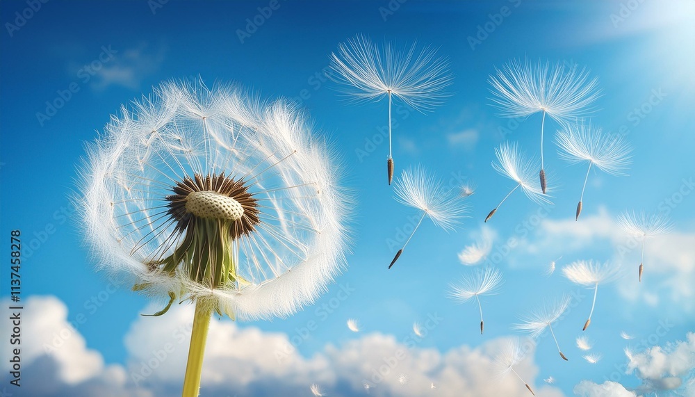 Obraz premium Dandelion Seeds On Sky - Dandelion With Seeds Blowing Away Blue Sky