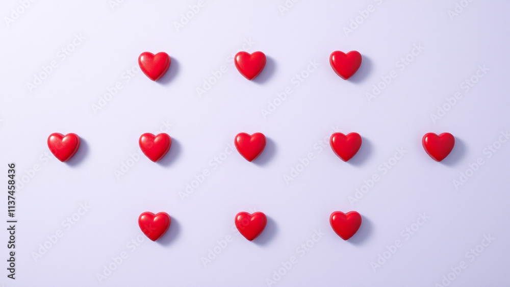 Lavender background: A series of red heart-shaped tablets arranged at even intervals, each tablet casting soft, subtle shadows on the surface, creating a clean Lavender background: A series of red heart-shaped tablets arranged at even intervals, each tablet casting soft, subtle shadows on the surface, creating a clean