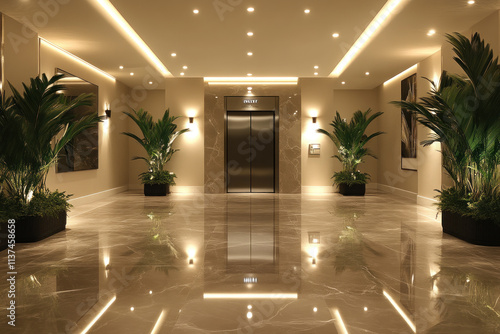 Modern, elegant hotel lobby with elevator, marble floor, plants, and lighting.