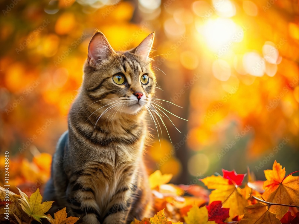 Cute Cat Autumn Leaves Portrait Photography - Warm Bokeh Background - Outdoor Serenity Cute Cat Autumn Leaves Portrait Photography - Warm Bokeh Background - Outdoor Serenity