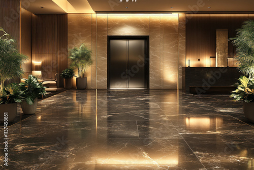 Modern hotel lobby interior with elevator, plants, and marble floor.