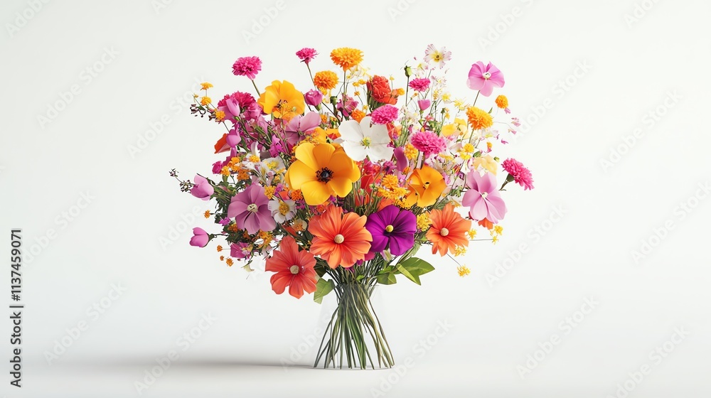 A colorful bouquet of flowers in a clear vase, on a white background. A colorful bouquet of flowers in a clear vase, on a white background.
