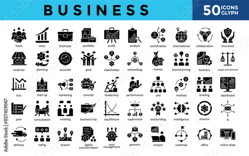 Business icons set with team, stats, briefcase, portfolio, profit, analysis, coordination, international, collaboration, insurance icon. Simple glyph vector 

