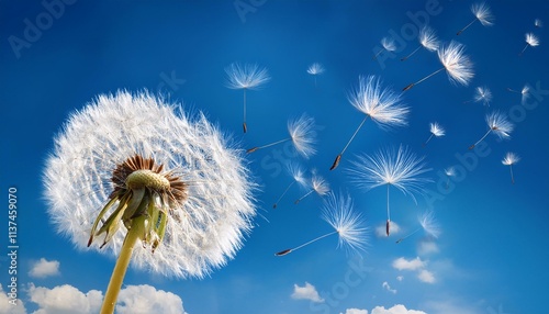 Dandelion Seeds On Sky - Dandelion With Seeds Blowing Away Blue Sky