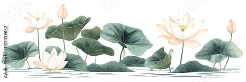 Minimalist illustration of Indian banyan leaf and lotus flower on white background, perfect for nature and spirituality designs Generative AI
