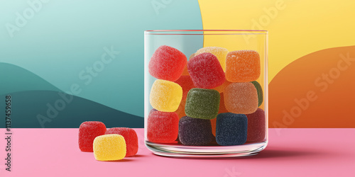 A clear glass jar filled with multicolored sugar-coated gummy candies, placed on a vibrant pink surface with a colorful abstract background photo