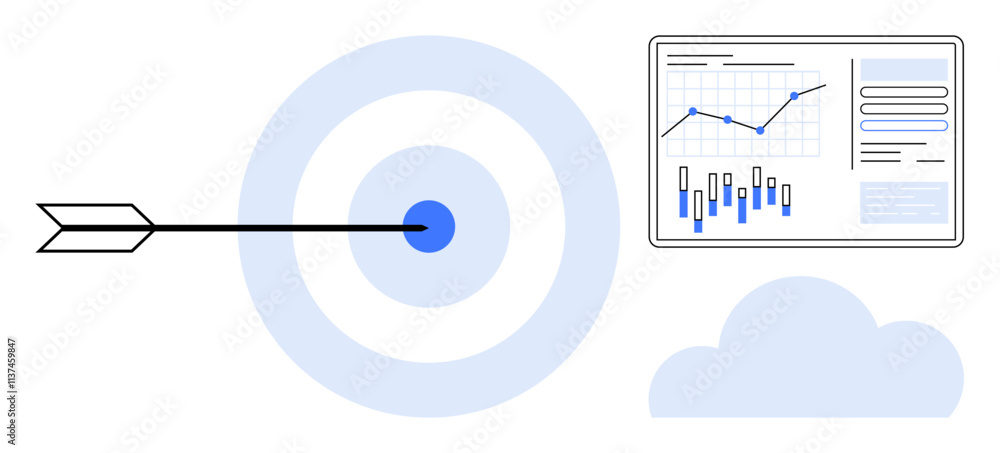 Obraz premium Arrow hitting blue bullseye, analytics dashboard with line and bar graphs, and a cloud icon. Ideal for business strategy, goal achievement, analytics, marketing, data analysis, performance tracking