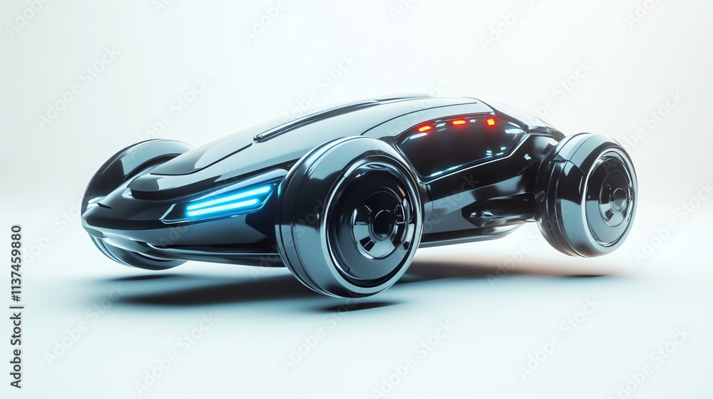 A futuristic black sports car with blue lights on a white background. A futuristic black sports car with blue lights on a white background.