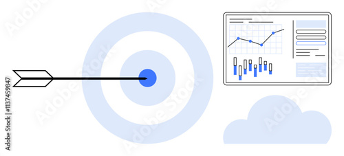 Arrow hitting blue bullseye, analytics dashboard with line and bar graphs, and a cloud icon. Ideal for business strategy, goal achievement, analytics, marketing, data analysis, performance tracking