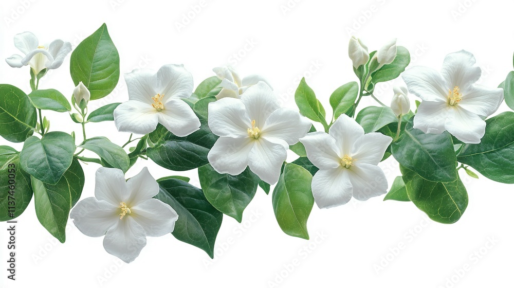 Fototapeta premium White Flowers and Green Leaves in a Row