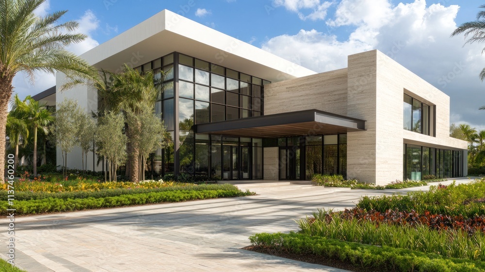 Modern architectural design featuring a spacious building with large windows and landscaped gardens. Modern architectural design featuring a spacious building with large windows and landscaped gardens.