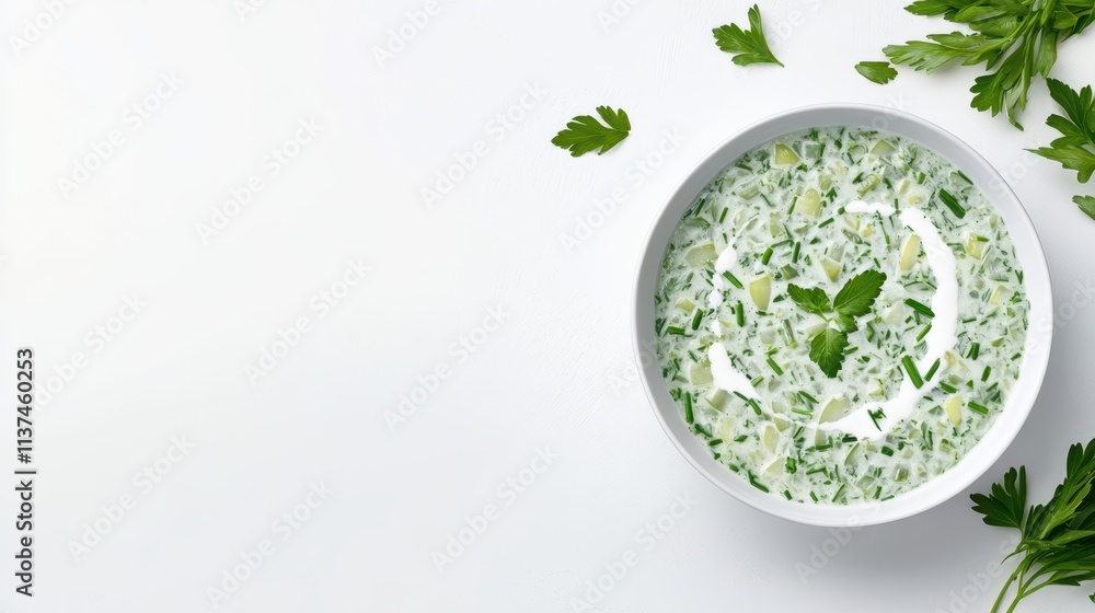 Cold cucumber soup with fresh parsley garnish in a white bowl on a white background. Concept: refreshing, summer cuisine Cold cucumber soup with fresh parsley garnish in a white bowl on a white background. Concept: refreshing, summer cuisine