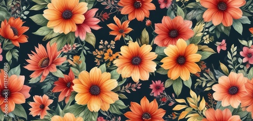 Watercolor seamless pattern with vibrant autumn flowers, colorful, Chrysanthemum, seasonal, botanical