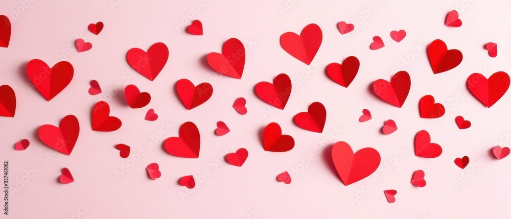 Romantic Red Paper Hearts Scattered on Pink Background, Valentines Day Romantic Red Paper Hearts Scattered on Pink Background, Valentines Day