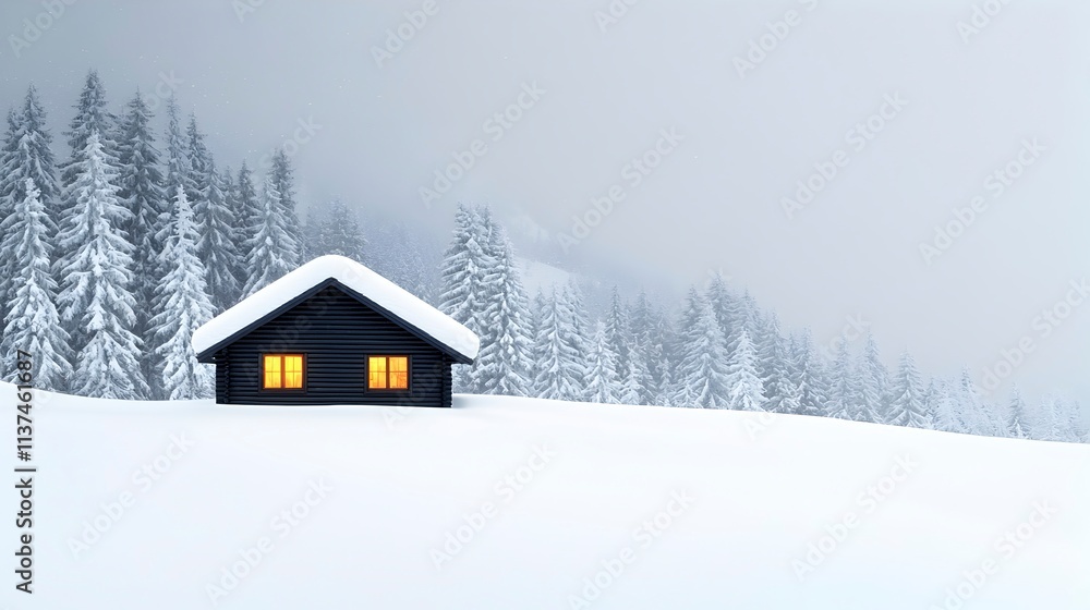 Cozy Winter Cabin in Serene Snowy Landscape Cozy Winter Cabin in Serene Snowy Landscape