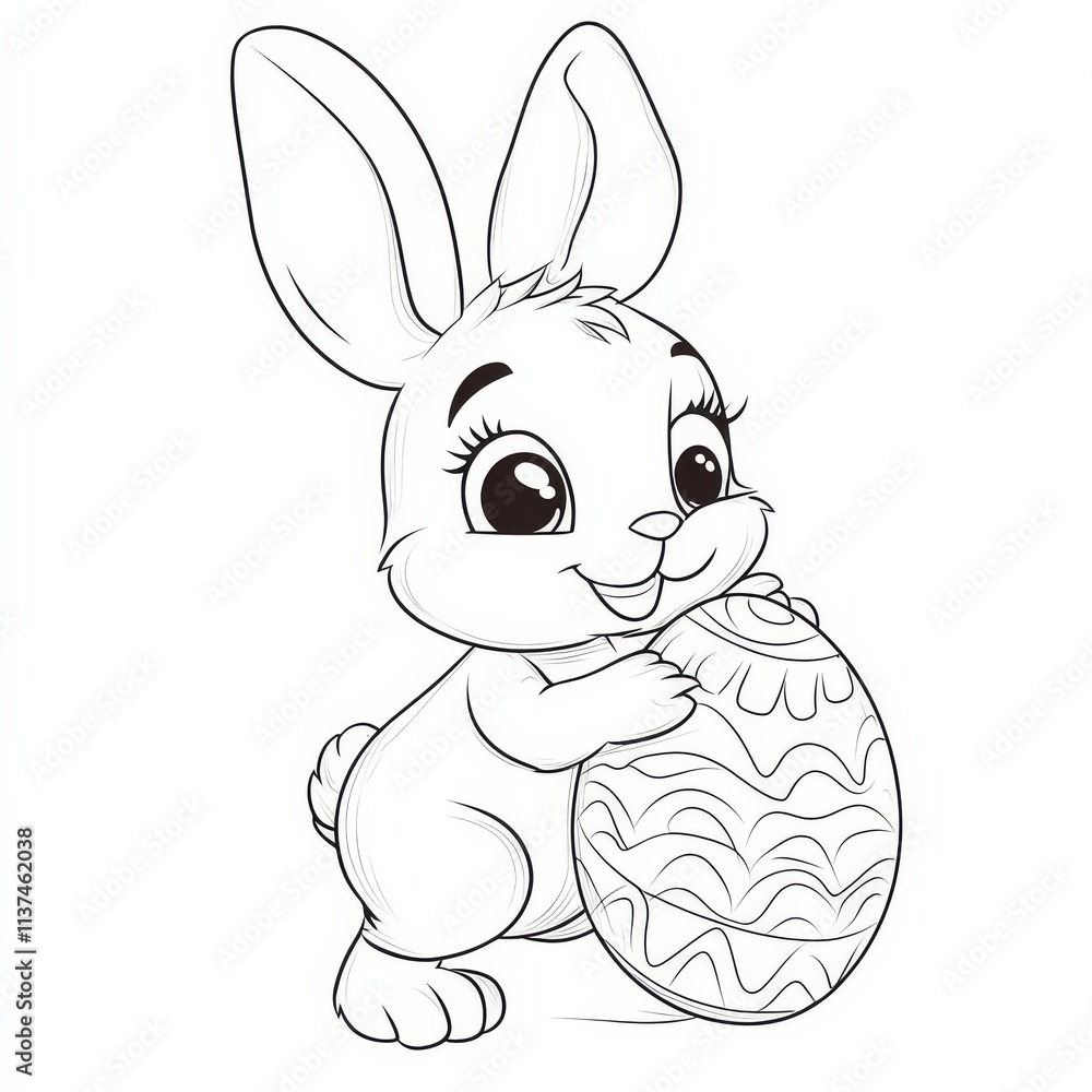 Fototapeta premium Easter Bunny with Egg: Adorable cartoon bunny holding a decorated Easter egg. Perfect for coloring pages, children's books, and Easter crafts. 