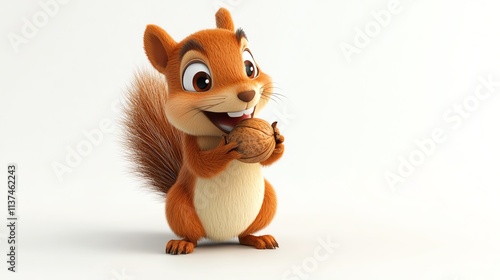 A cute cartoon squirrel with big eyes, holding a nut in front of a white background.