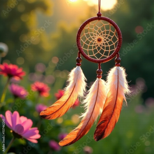 A dreamcatcher with soft feathers sways in the forest.
Flowers surround the glowing, tranquil background.
Great for peaceful, bohemian, and artistic themes. photo