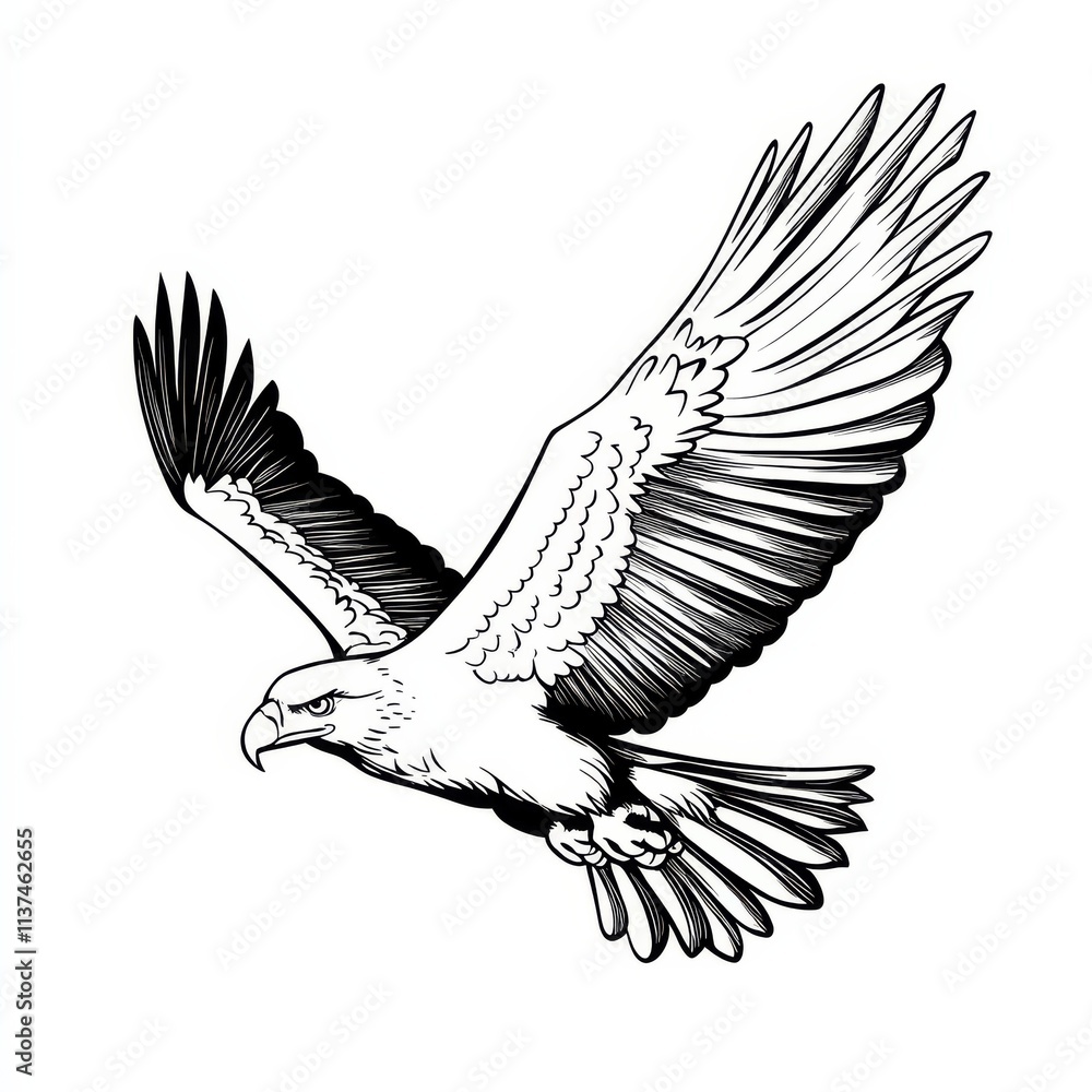 Obraz premium Soaring Eagle: A majestic eagle in flight, captured in a bold and detailed line art illustration. The eagle's powerful wings and piercing gaze evoke a sense of freedom, strength, and determination. 