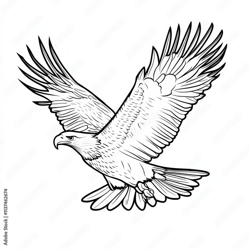 Obraz premium Majestic Eagle in Flight: A detailed line drawing of a bald eagle soaring majestically through the air, wings outstretched in a powerful display of freedom and strength.