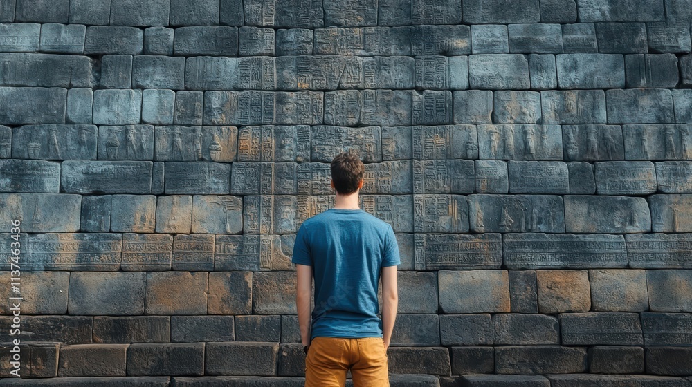 Traveler standing in front of an ancient stone wall, shadow falling over intricate carvings, historical atmosphere Traveler standing in front of an ancient stone wall, shadow falling over intricate carvings, historical atmosphere
