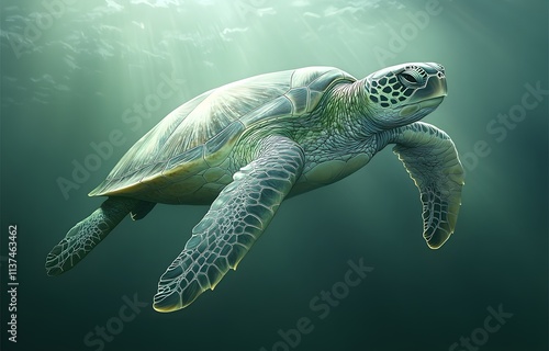 Majestic Sea Turtle Gracefully Swimming Underwater photo