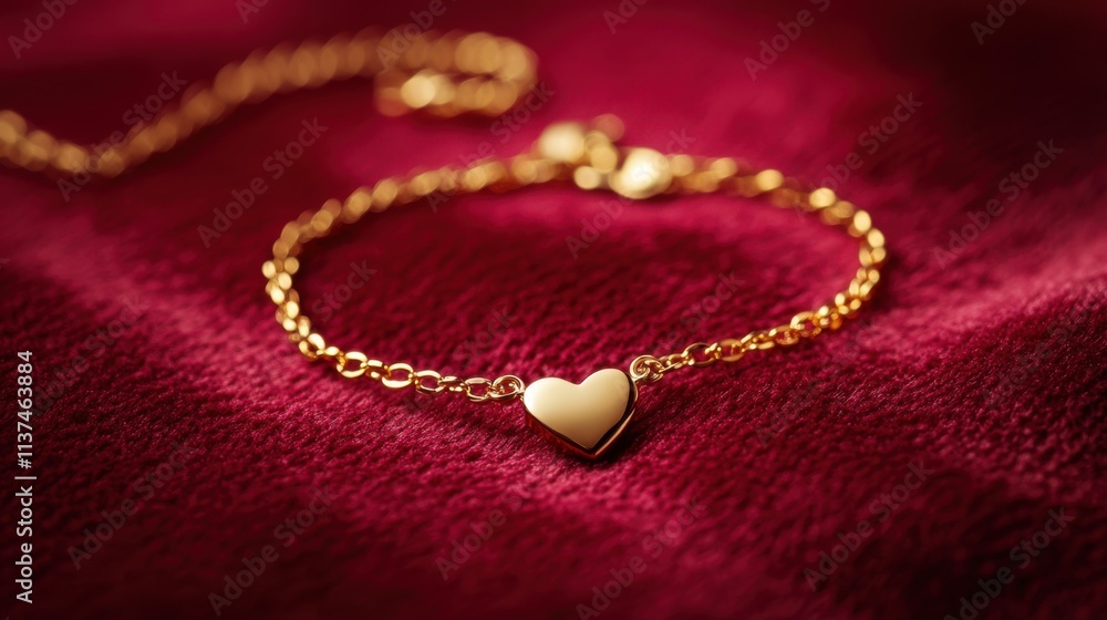 A delicate gold bracelet with a heart charm placed on a maroon red velvet surface, great for jewelry Valentine’s ads A delicate gold bracelet with a heart charm placed on a maroon red velvet surface, great for jewelry Valentine’s ads