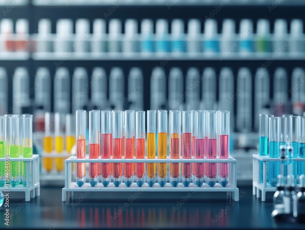 Scientist surrounded by racks of test tubes filled with vibrant chemicals, soft spotlight focus, cinematic realism Scientist surrounded by racks of test tubes filled with vibrant chemicals, soft spotlight focus, cinematic realism