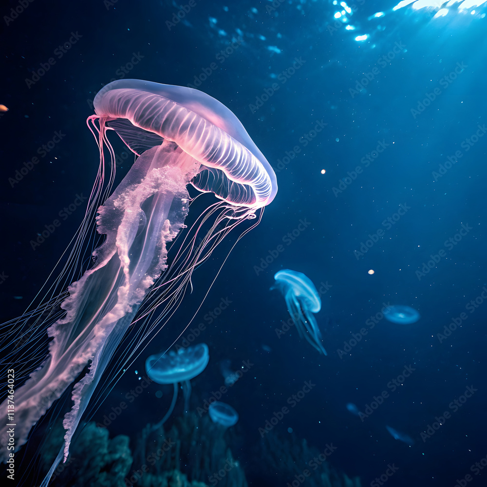Naklejka premium A large, pink, glowing jellyfish There was a little glow of orange, swimming, beautiful to the dark sea