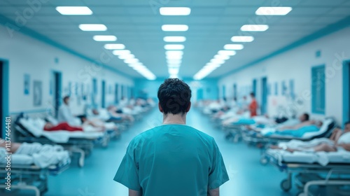 Overcrowded hospital in a pandemic zone, patients on stretchers lining hallways, stark fluorescent lighting, wideangle lens