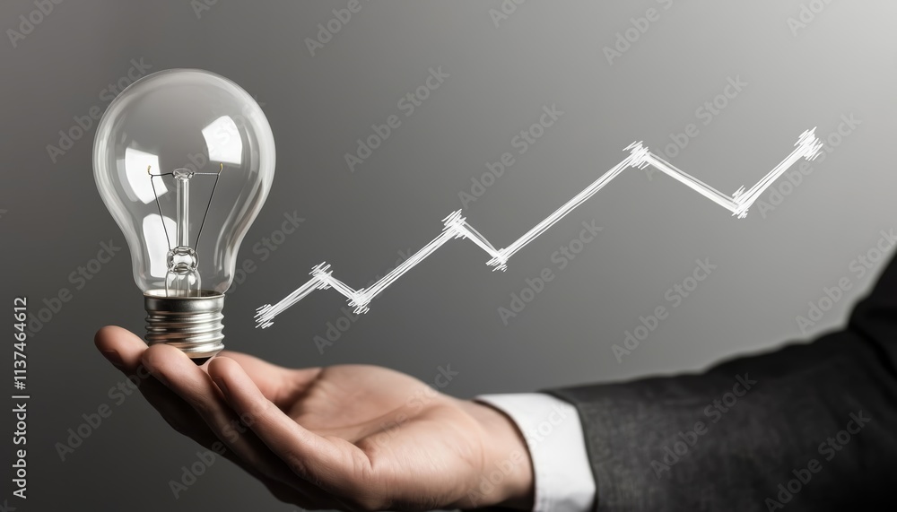 A hand holding a light bulb symbolizing ideas and innovation, with a rising graph in the background representing growth and success. A hand holding a light bulb symbolizing ideas and innovation, with a rising graph in the background representing growth and success.