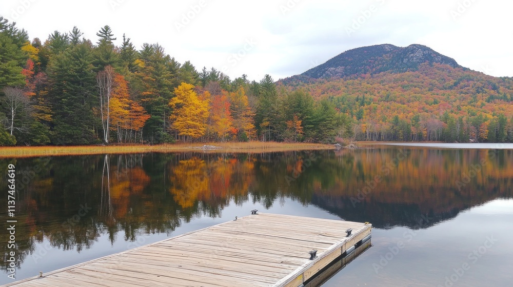 Autumn landscape with lake, colorful trees and mountain backdrop. Autumn landscape with lake, colorful trees and mountain backdrop.