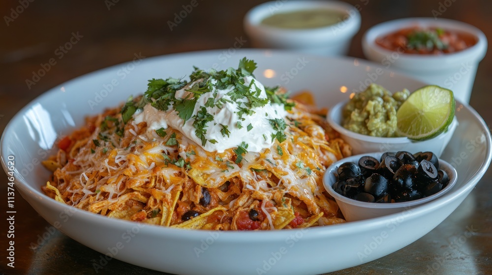 Chicken nachos with toppings, bowls of salsa, guacamole, and olives. Chicken nachos with toppings, bowls of salsa, guacamole, and olives.