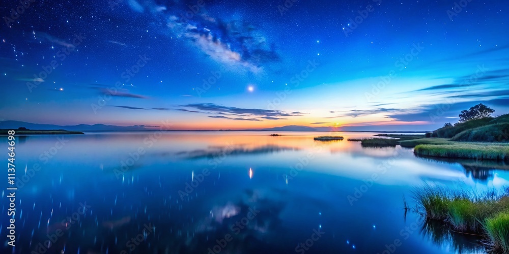 Fototapeta premium Dawn Blues Lagoon Seascape Night Photography, Blue Hour Ocean, Coastal Scene, Dark Sky, Starry Night