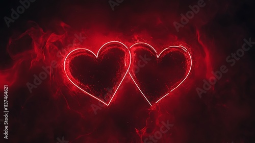 Two intertwined glowing red neon hearts in smoky dark red background.