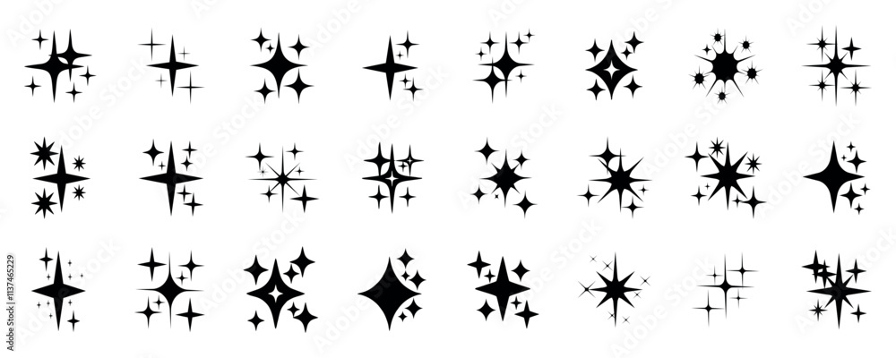 Naklejka premium Black sparkle icons Set of different sparkling. Set of original star sparkle shapes. Abstract shine effect vector sign isolated on white background.