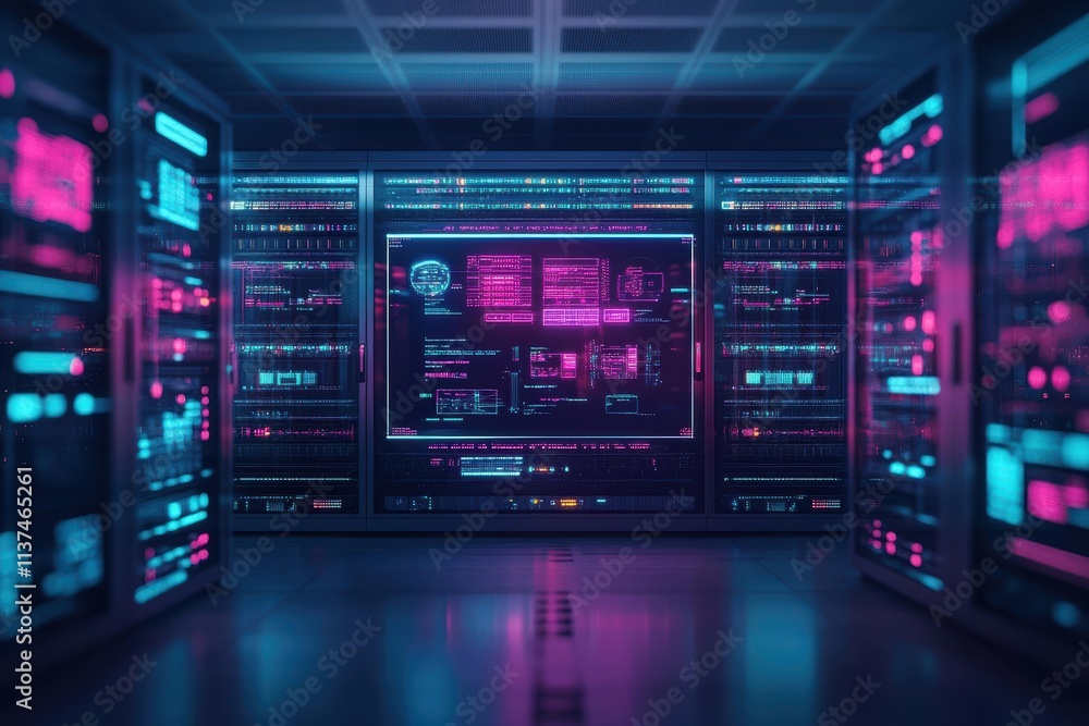 Hightech server room with holographic displays and vibrant digital connections in advanced tone analogous color scheme Hightech server room with holographic displays and vibrant digital connections in advanced tone analogous color scheme